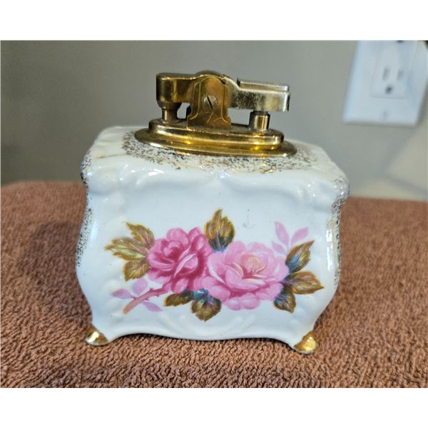 Vintage porcelain table top lighter, hand painted floral design.  Marked ESD Japan, 21546. Beautiful