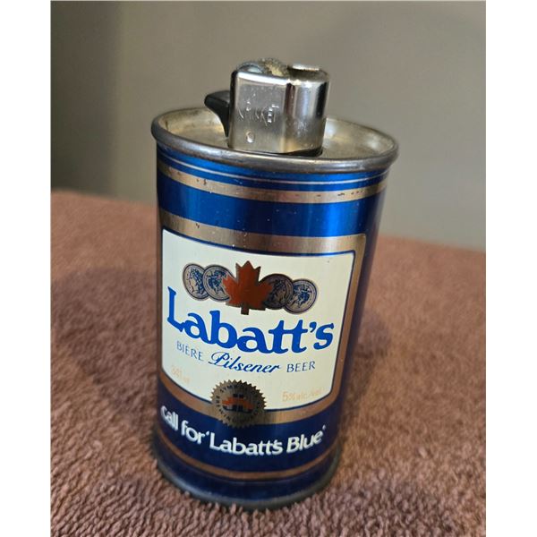 Vintage Labatt's Blue Pilsener Beer metal can.  Retrofitted as a Cricket lighter holder.  3 1/2" tal