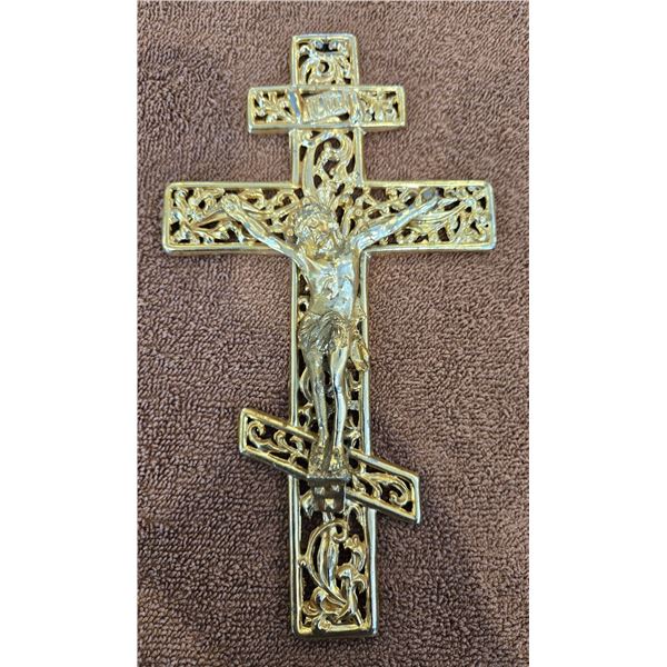 Three-barred filigree crucifix.  Heavy cast brass or gold tone metal. 8 1/2" tall