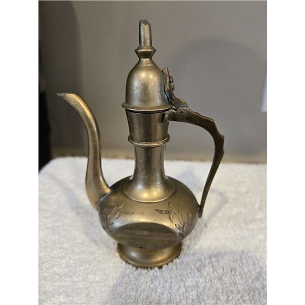 Vintage solid brass teapot Genie lamp pitcher. 6" tall.  Marked India 127, but hard to see.