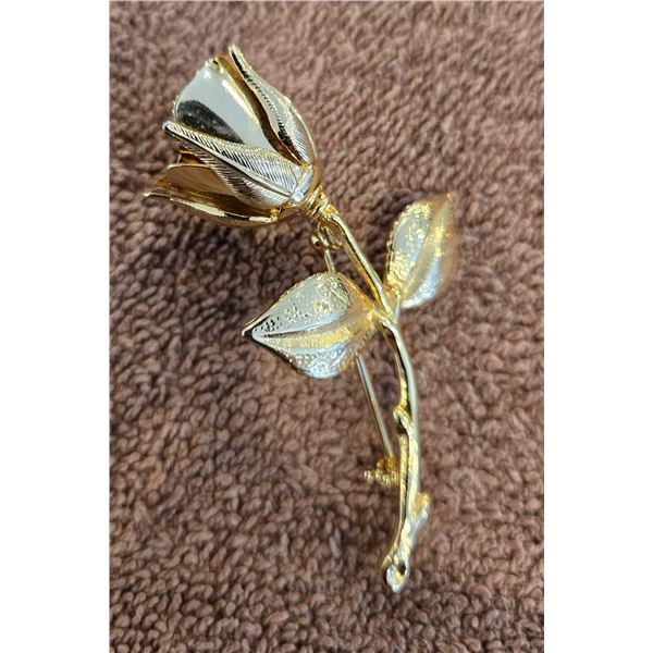 Vintage gold tone metal rose brooch.  1980s, 2 1/2" long.