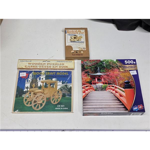 2 Wooden Models and Unopened Jigsaw Puzzle