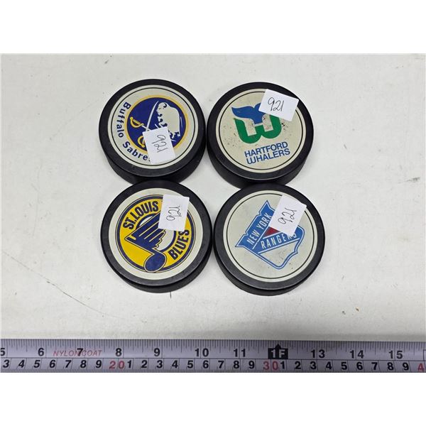 4 NHL Pucks Whalers Sabres Rangers & Blues