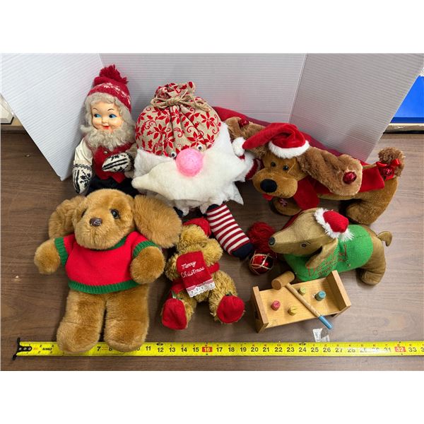 Vintage and modern holiday-themed plush dolls, toys.