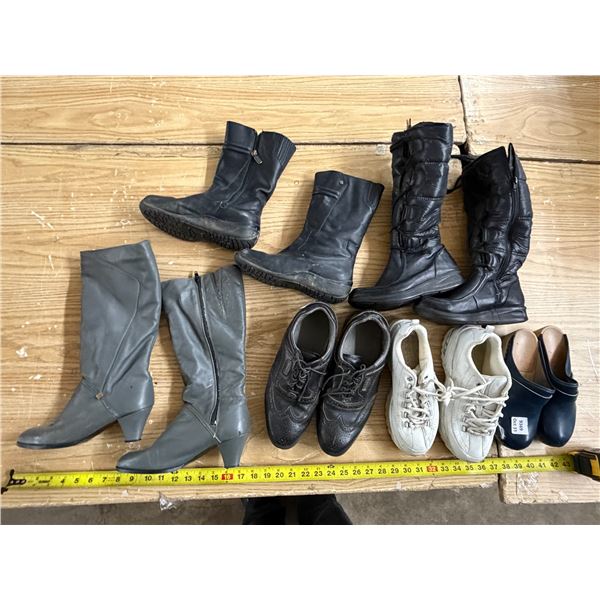 Assortment of pre-owned women's footwear—including knee-high boots, mid-calf boots, oxfords