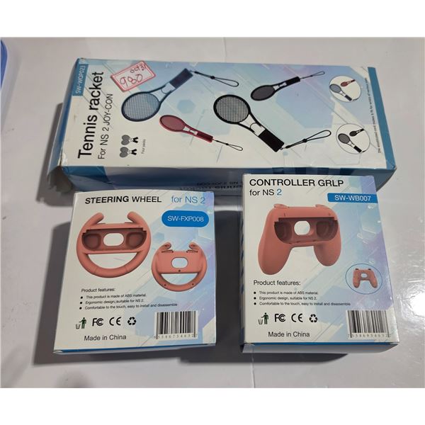 NEW in Box Nintendo Switch Accessory Lot - (4) Tennis Rackets, (2) Steering Wheels, (2) Controller G
