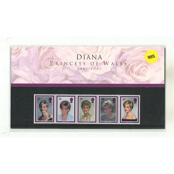 1998 Royal Mail strip of five 26p commemorative stamps honoring Diana, Princess of Wales (1961[x=#82