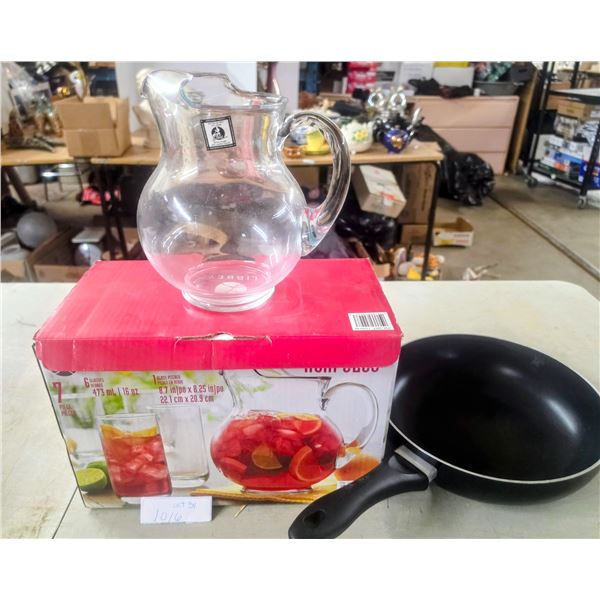 NIB Glass Pitcher w/ 6 Glasses Set, 11” Lagostina Frying Pan