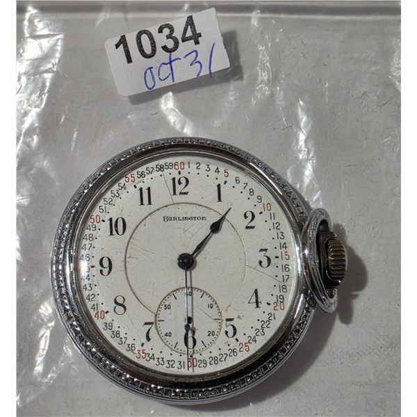 ANTIQUE  BURLINGTON 16S, 21J POCKET WATCH, RUNS, MSNG 2ND HAND