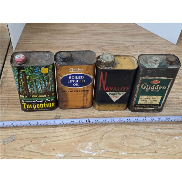 (4) Vintage Tin Lot – Varnish, Linseed Oil, etc.