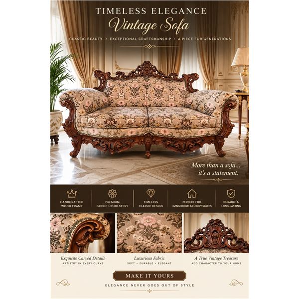 Ornate Carved Wood Settee with Floral Upholstery, 64" Wide x 31" Deep x 44" High