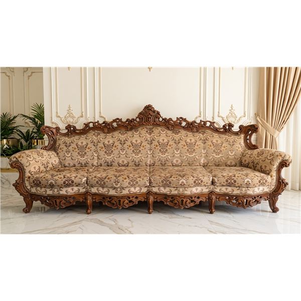 Carved Wood Rococo Style Sofa With Floral Upholstery, Approximately 122 Inches Wide