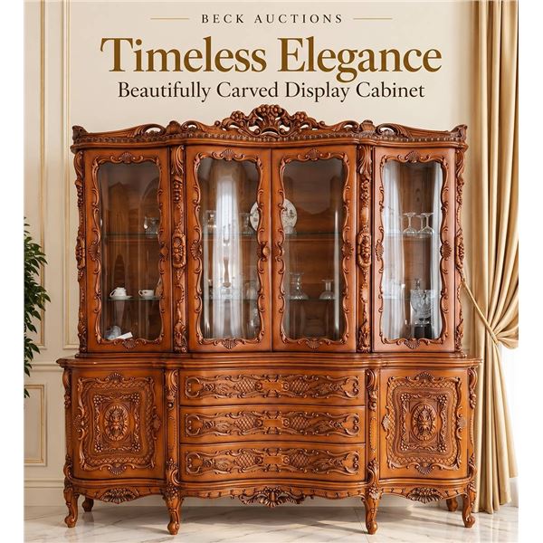Ornate Carved Wood China Cabinet with Glass Doors, 82" Wide x 19" Deep x 80" High Hutch
