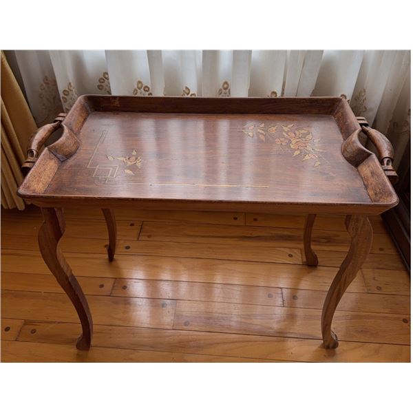 Rectangular Wood Tray Table with Floral Motif, 27 ft Wide x 19 ft High, Decorative Handles