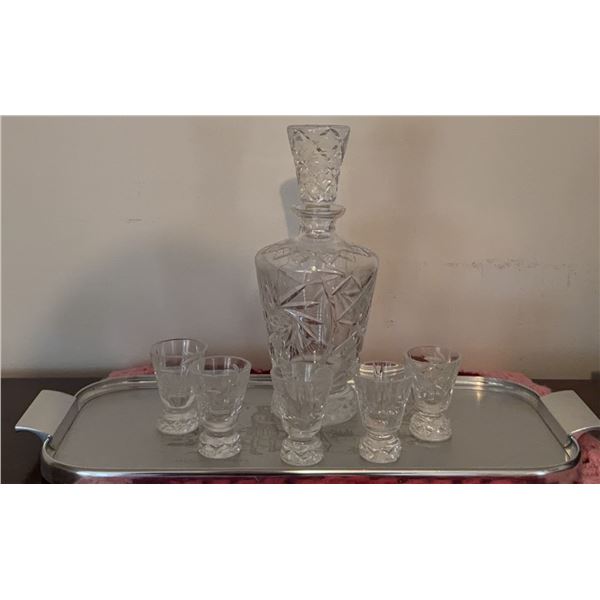 Cut Crystal Decanter With Stopper And 6 Matching Glasses On Silver Tone Tray