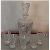 Image 2 : Cut Crystal Decanter With Stopper And 6 Matching Glasses On Silver Tone Tray