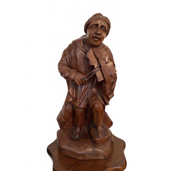 Hand-Carved Wooden Sculpture of Violin Player, 18" Height