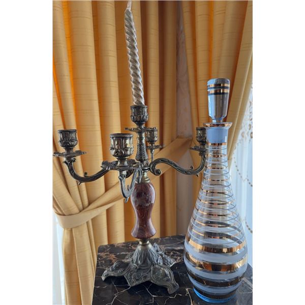 Glass Decanter with Stopper and Ornate Metal 3-Arm Candelabra Set