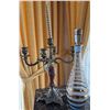 Image 1 : Glass Decanter with Stopper and Ornate Metal 3-Arm Candelabra Set