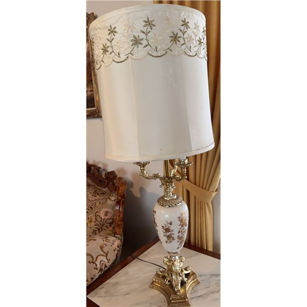 Decorative Table Lamp with Brass Base and Ornate White and Gold Floral Ceramic Body