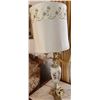 Image 1 : Decorative Table Lamp with Brass Base and Ornate White and Gold Floral Ceramic Body