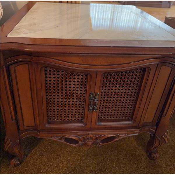 Wood Side Cabinet with Marble Top, Woven Front Doors, 22"H x 25"W x 25"D