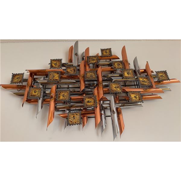 Mid-Century Mixed Metal Brutalist Wall Sculpture Copper Steel Welded Art