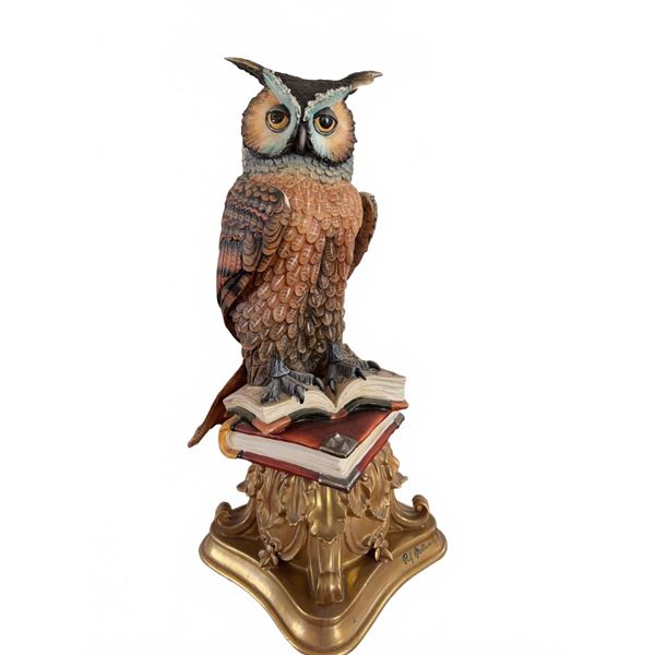 Porcelain Owl Figurine by Prof. Mollica on Books with Ornate Gold Base