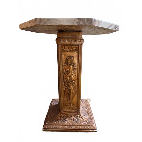 Decorative Pedestal Table With Figural Bronze Tone Base and Marble Octagonal Top