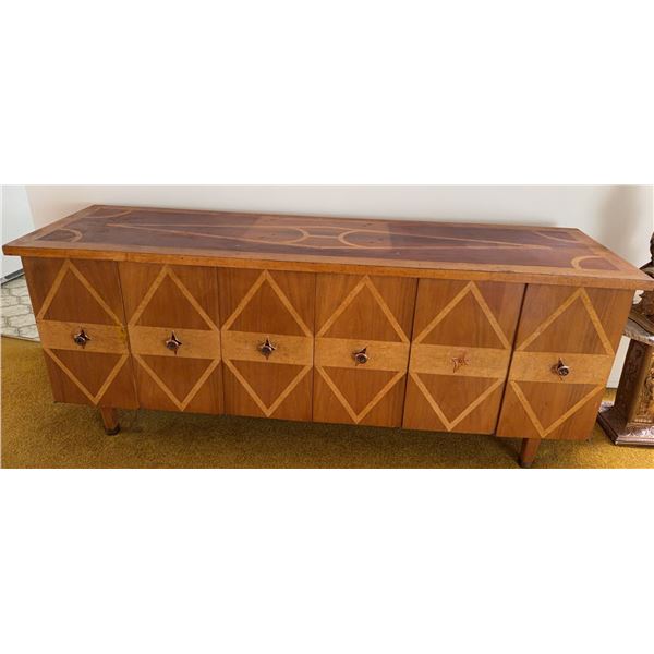 Mid-Century Wood Cabinet Console With Built-In Radio, 73"W x 20"D x 39"H, Geometric Inlay