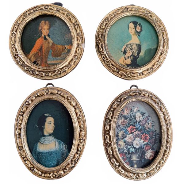 4 Oval Miniature Portrait Prints With Ornate Gold-Tone Frames