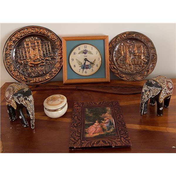 Decorative Plates, Table Clock, Elephants, Trinket Box, and Ornate Notepad Set
