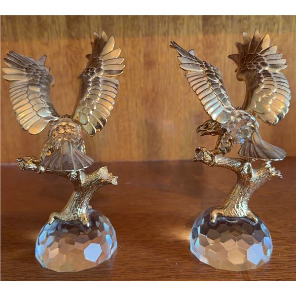 Gilt Metal and Cut Crystal Eagle Figurines on Crystal Bases