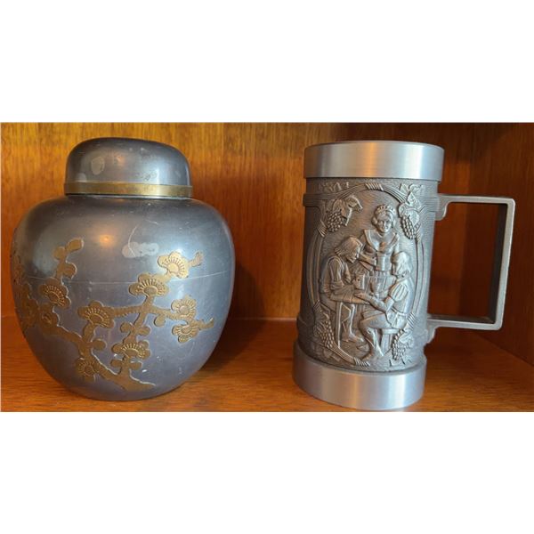 Metal Decorative Items: Lidded Floral Jar and Figural Relief Stein