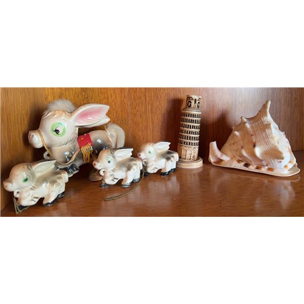 Donkey Figurine Set, Leaning Tower Decor, and Large Seashell Display Lot