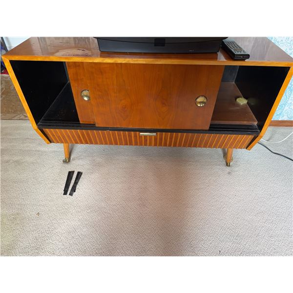 Mid-Century Modern Wood Media Console With Sliding Doors and Brass Pulls