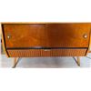 Image 3 : Mid-Century Modern Wood Media Console With Sliding Doors and Brass Pulls
