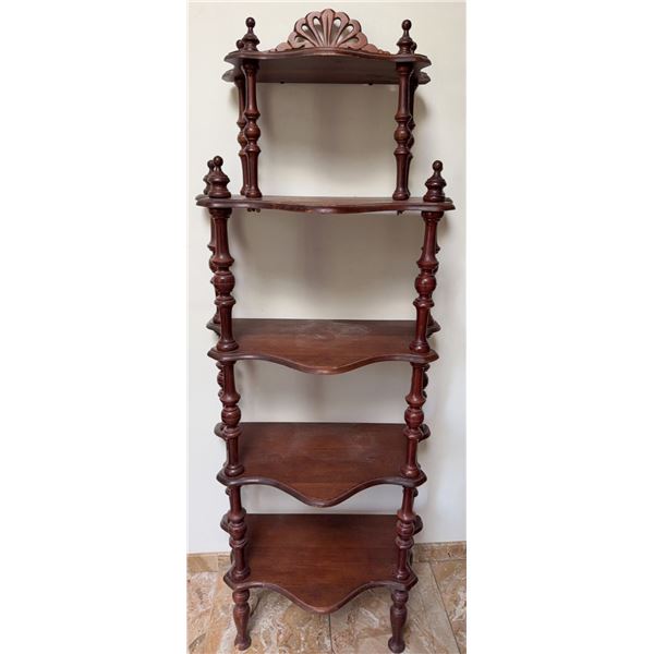 Wooden Five-Tier Corner Shelf Unit with Ornate Top, 21 in. Width, 56 in. Height