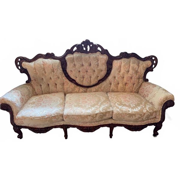 Victorian Style Carved Wood Sofa with Floral Upholstery, 76" W x 30" D x 45" H