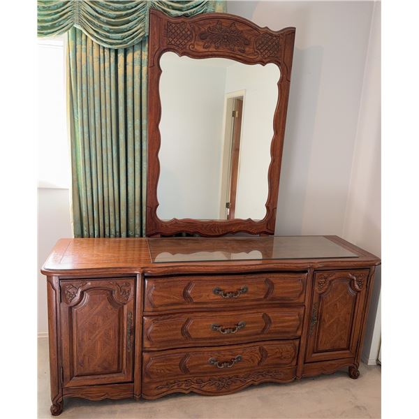 Ornate Wooden Dresser with Mirror, Carved Details, 73 in W x 20 in D x 87 in H