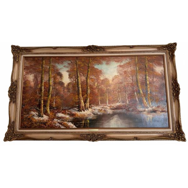 H.L. Scheffel Framed Oil Painting, Autumn Forest With River, 55" x 31"