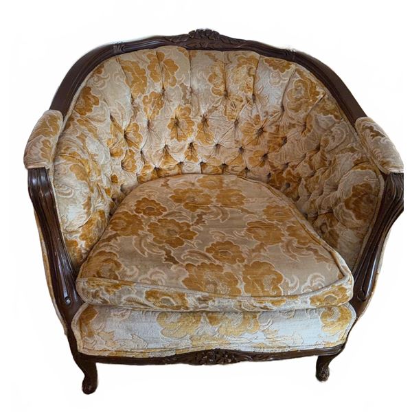 Tufted Barrel Accent Chair with Floral Upholstery and Carved Wood Frame