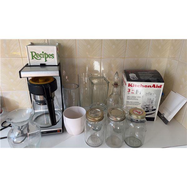 KitchenAid Chef’s Chopper, Coffee Maker, Glass Jars, Vase and Miscellaneous Kitchen Items