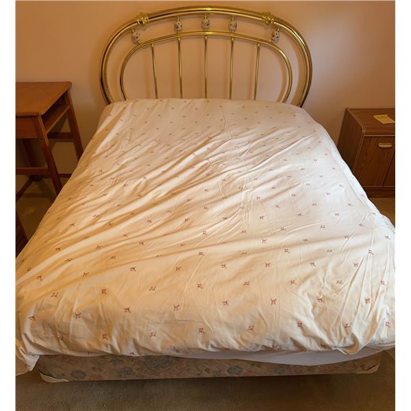 Queen Size Bed With Brass Headboard, Mattress, and Box Spring