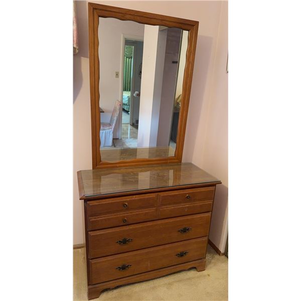 Wood Dresser with Mirror and Glass Top, 4 Drawers, Metal Pulls