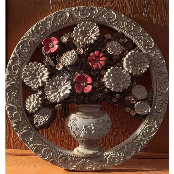 Decorative Relief Wall Plaque With Vase and Floral Design, Painted Accents