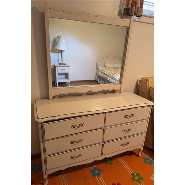 White Twin Bed, Floral Coverlet, Lamp, Nightstand, Dresser With Mirror, Mattress