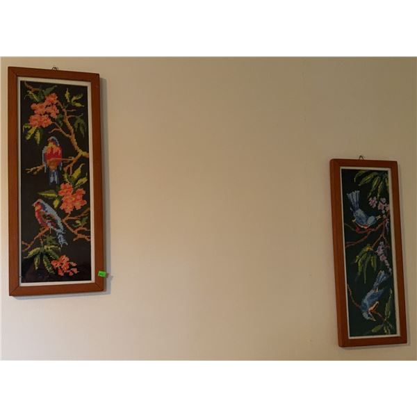 Framed Embroidered Bird and Floral Artworks on Black Fabric Backgrounds
