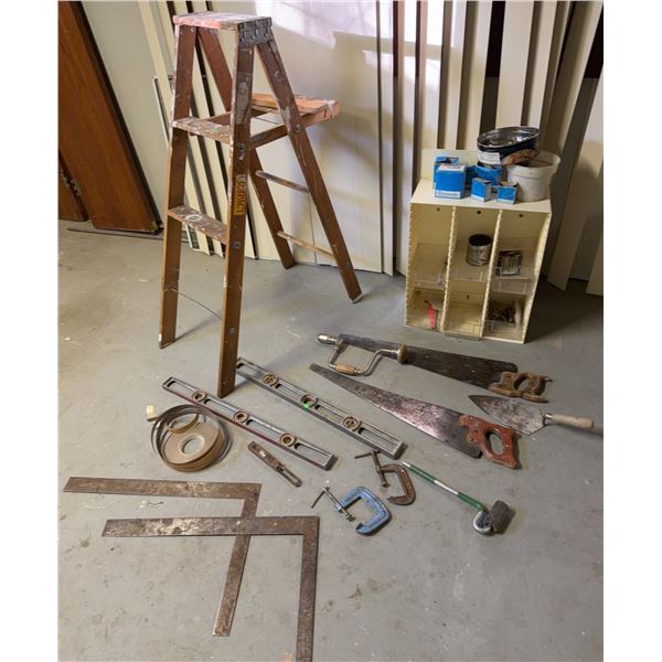 Lot: Wood Step Ladder, Hand Saws, Levels, Squares, Braces, Clamps, Hardware