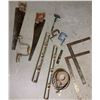 Image 4 : Lot: Wood Step Ladder, Hand Saws, Levels, Squares, Braces, Clamps, Hardware